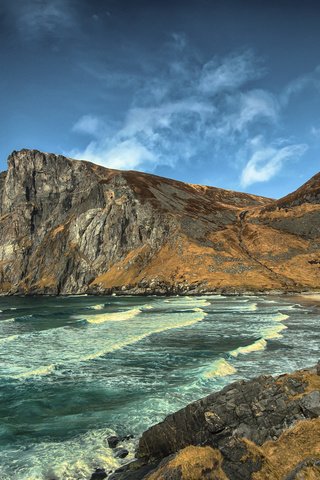 Обои небо, скалы, камни, берег, волны, пейзаж, море, the sky, rocks, stones, shore, wave, landscape, sea разрешение 2048x1335 Загрузить