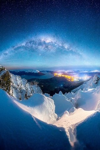 Обои ночь, горы, снег, зима, млечный путь, night, mountains, snow, winter, the milky way разрешение 1920x1080 Загрузить