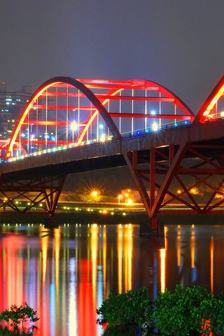 Обои ночь, огни, отражение, мост, китай, мост гуанду, синьбэй, night, lights, reflection, bridge, china, guandu bridge, xinbei разрешение 1920x1200 Загрузить