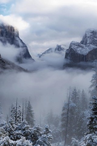 Обои горы, зима, туман, mountains, winter, fog разрешение 1920x1080 Загрузить