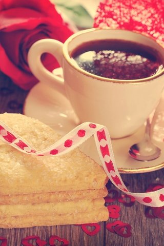 Обои кофе, ленточка, сердечки, печенье, день святого валентина, coffee, ribbon, hearts, cookies, valentine's day разрешение 3872x2592 Загрузить