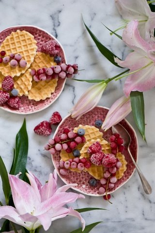 Обои цветы, вафли, малина, ягоды, черника, лилии, выпечка, ложка, смородина, flowers, waffles, raspberry, berries, blueberries, lily, cakes, spoon, currants разрешение 1920x2886 Загрузить