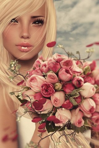 Обои цветы, лицо, арт, девушка, блондинка, портрет, розы, взгляд, букет, flowers, face, art, girl, blonde, portrait, roses, look, bouquet разрешение 1920x1200 Загрузить