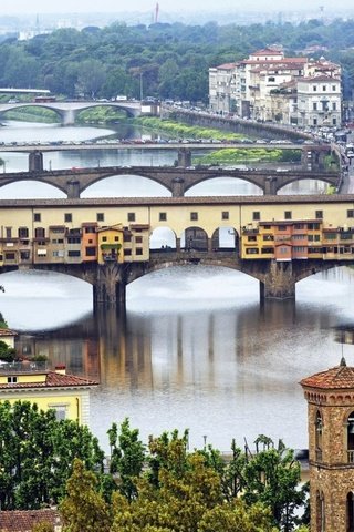 Обои деревья, река, город, италия, флоренция, мосты, trees, river, the city, italy, florence, bridges разрешение 1920x1080 Загрузить