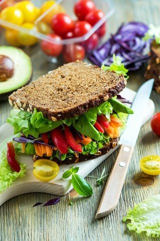 Обои зелень, бутерброд, хлеб, помидоры, перец, авокадо, greens, sandwich, bread, tomatoes, pepper, avocado разрешение 2565x1920 Загрузить