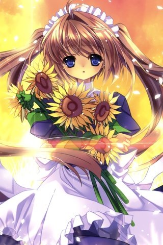 Обои аниме, девочка, подсолнухи, белое платье, anime, girl, sunflowers, white dress разрешение 2104x1672 Загрузить