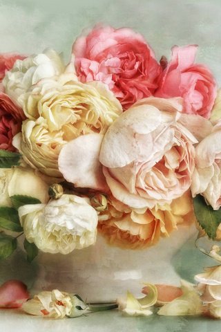Обои цветы, бутоны, розы, лепестки, букет, ваза, flowers, buds, roses, petals, bouquet, vase разрешение 2000x1355 Загрузить