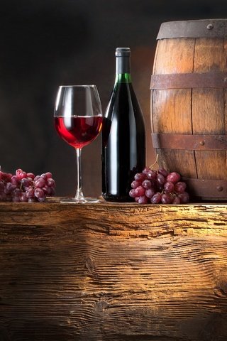 Обои виноград, вино, бокалы, бутылки, бочка, красное вино, баррель, grapes, wine, glasses, bottle, barrel, red wine разрешение 2560x1600 Загрузить