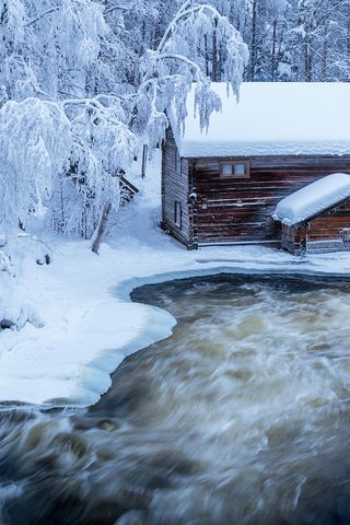 Обои река, природа, лес, зима, домик, jari ehrstrom, river, nature, forest, winter, house разрешение 1920x1080 Загрузить