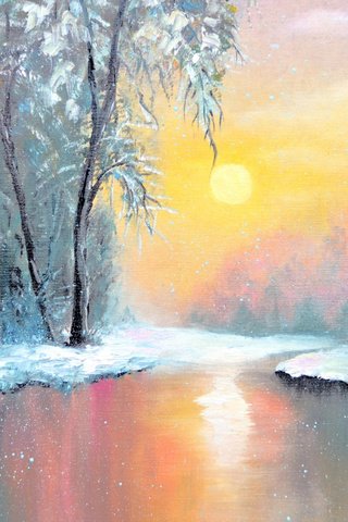 Обои арт, озеро, закат, зима, пейзаж, живопись, art, lake, sunset, winter, landscape, painting разрешение 1920x1200 Загрузить