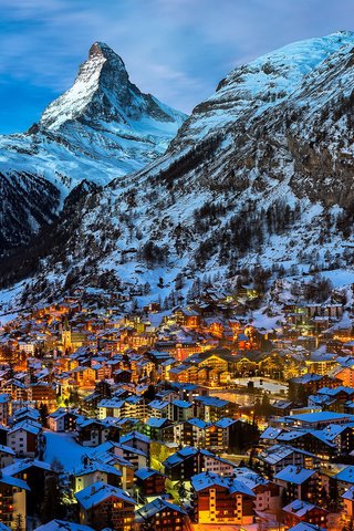 Обои ночь, огни, город, швейцария, альпы, церматт, night, lights, the city, switzerland, alps, zermatt разрешение 1920x1200 Загрузить