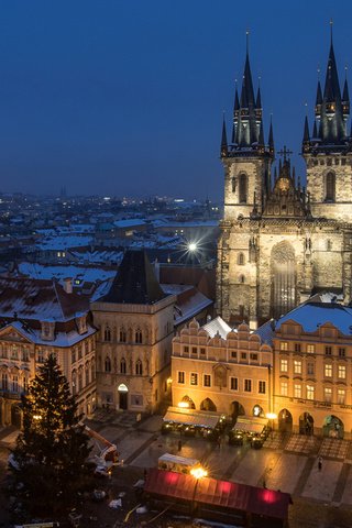 Обои ночь, город, церковь, сумерки, прага, чехия, тынский храм, night, the city, church, twilight, prague, czech republic, tyn church разрешение 1920x1080 Загрузить