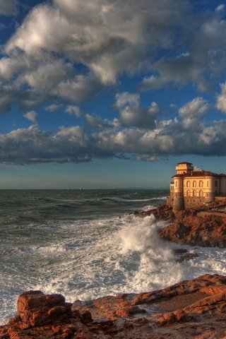 Обои небо, облака, берег, море, замок, побережье, италия, boccale castle livorno, the sky, clouds, shore, sea, castle, coast, italy разрешение 3072x1841 Загрузить