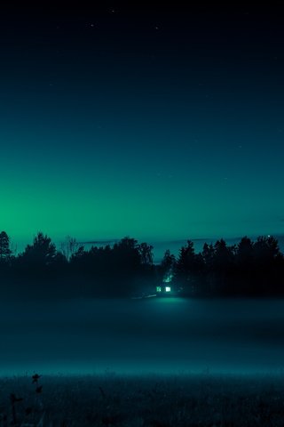 Обои свет, ночь, пейзаж, туман, поле, дом, light, night, landscape, fog, field, house разрешение 4497x2363 Загрузить