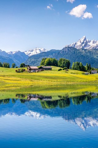 Обои небо, облака, деревья, озеро, горы, отражение, альпы, the sky, clouds, trees, lake, mountains, reflection, alps разрешение 2880x1800 Загрузить