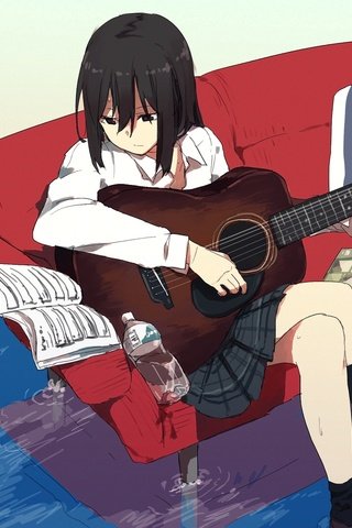 Обои вода, девушка, гитара, взгляд, аниме, волосы, лицо, диван, water, girl, guitar, look, anime, hair, face, sofa разрешение 1920x1080 Загрузить