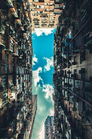 Обои небо, мегаполис, архитектура, здания, небоскрёб, вид снизу, the sky, megapolis, architecture, building, skyscraper, bottom view разрешение 3840x2400 Загрузить