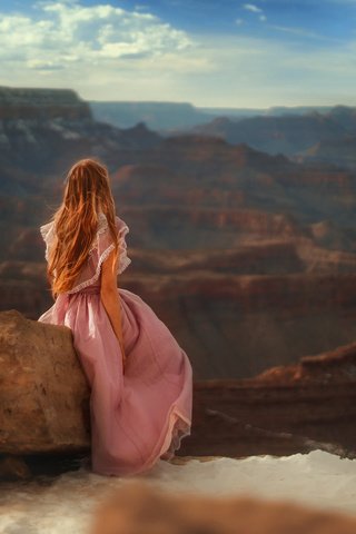 Обои небо, tj drysdale, большой каньон, девушка, утро, каньон, модель, камень, рыжеволосая, розовое платье, the sky, the grand canyon, girl, morning, canyon, model, stone, redhead, pink dress разрешение 1920x1200 Загрузить