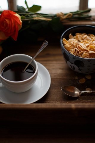 Обои розы, кофе, чашка, завтрак, поднос, кукурузные хлопья, roses, coffee, cup, breakfast, tray, corn flakes разрешение 2048x1365 Загрузить