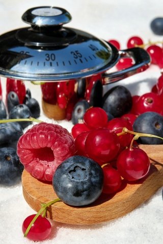 Обои малина, ягоды, черника, красная смородина, ложка, голубика, raspberry, berries, blueberries, red currant, spoon разрешение 4896x3184 Загрузить