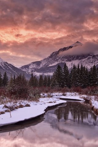 Обои облака, река, горы, снег, закат, clouds, river, mountains, snow, sunset разрешение 2048x1365 Загрузить