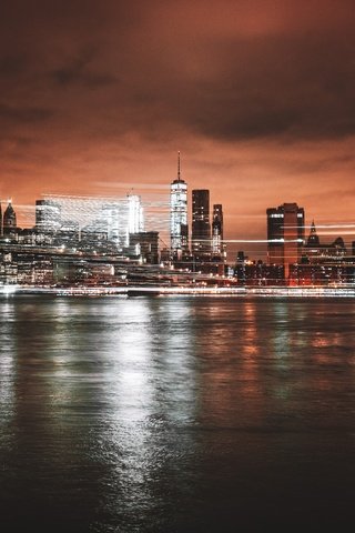 Обои ночь, огни, вода, город, нью-йорк, городской пейзаж, night, lights, water, the city, new york, the urban landscape разрешение 6000x4000 Загрузить