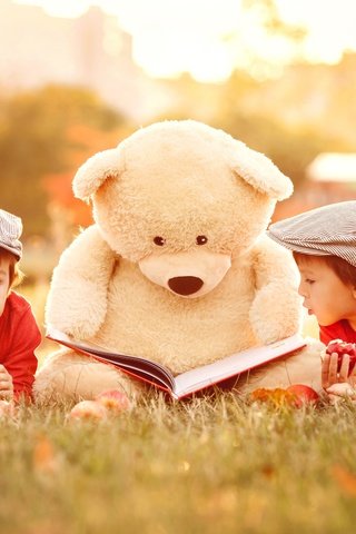 Обои трава, природа, медведь, дети, игрушка, книга, мальчики, grass, nature, bear, children, toy, book, boys разрешение 6000x4000 Загрузить