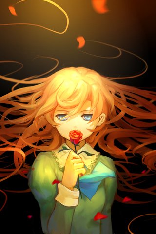 Обои девушка, роза, взгляд, аниме, волосы, черный фон, лицо, girl, rose, look, anime, hair, black background, face разрешение 3436x2480 Загрузить