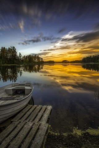 Обои деревья, озеро, берег, лес, закат, лодка, норвегия, trees, lake, shore, forest, sunset, boat, norway разрешение 4000x2667 Загрузить