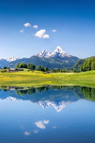 Обои небо, деревья, озеро, горы, лес, отражение, лето, альпы, the sky, trees, lake, mountains, forest, reflection, summer, alps разрешение 5500x3909 Загрузить