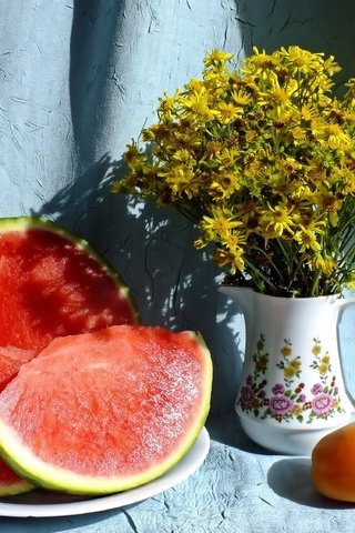 Обои цветы, арбуз, букет, ваза, кувшин, натюрморт, flowers, watermelon, bouquet, vase, pitcher, still life разрешение 3000x2250 Загрузить