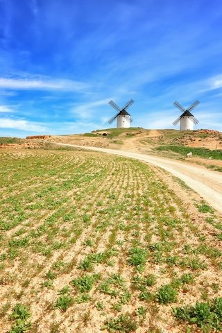 Обои небо, дорога, облака, поле, лето, мельница, molinos, castilla la mancha, the sky, road, clouds, field, summer, mill разрешение 2048x1365 Загрузить