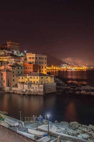 Обои ночь, огни, море, город, италия, лигурия, генуя, night, lights, sea, the city, italy, liguria, genoa разрешение 4500x3000 Загрузить