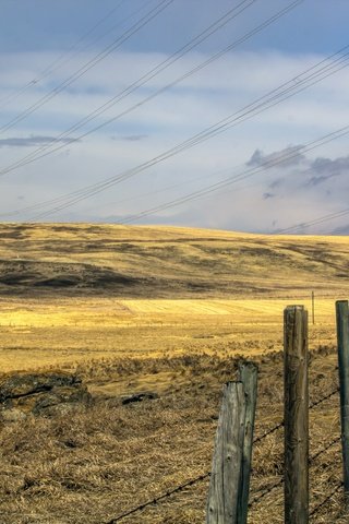 Обои небо, трава, облака, поле, забор, лэп, the sky, grass, clouds, field, the fence, power lines разрешение 2560x1707 Загрузить