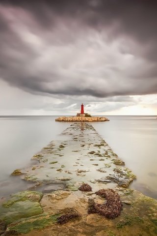 Обои небо, облака, природа, море, маяк, горизонт, the sky, clouds, nature, sea, lighthouse, horizon разрешение 2048x1365 Загрузить