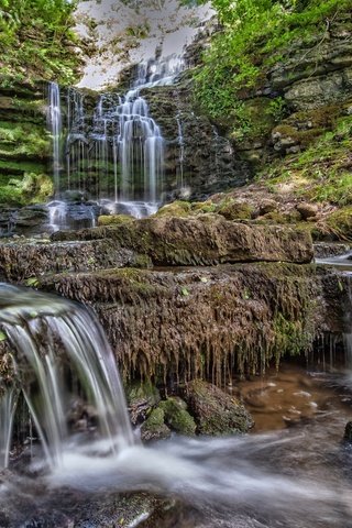 Обои скалы, камни, ручей, водопад, каскад, rocks, stones, stream, waterfall, cascade разрешение 2048x1171 Загрузить