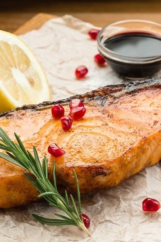 Обои лимон, рыба, соус, гранат, лосось, розмарин, lemon, fish, sauce, garnet, salmon, rosemary разрешение 3000x2000 Загрузить