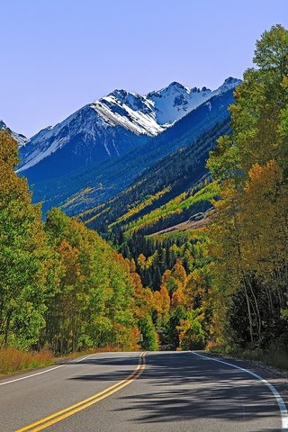 Обои дорога, деревья, горы, осень, сша, колорадо, лайзард хед пасс, road, trees, mountains, autumn, usa, colorado, lizard head pass разрешение 2048x1201 Загрузить