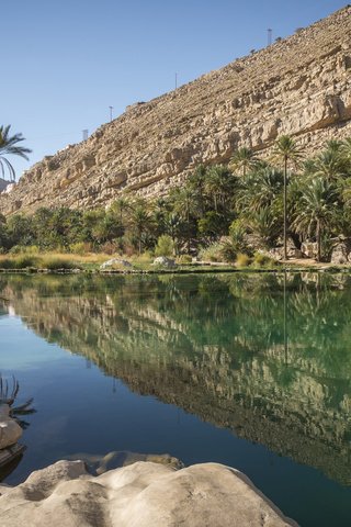 Обои озеро, природа, пустыня, пальмы, оазис, oman, lake, nature, desert, palm trees, oasis разрешение 3840x2400 Загрузить