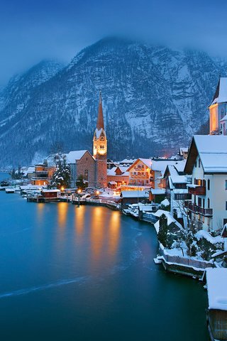 Обои озеро, горы, зима, город, австрия, хальштадт, lake, mountains, winter, the city, austria, hallstadt разрешение 1920x1200 Загрузить