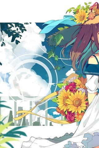 Обои облака,  цветы, summer dress, аниме девочка, соломенная шляпа, clouds, flowers, anime girl, straw hat разрешение 2000x1422 Загрузить