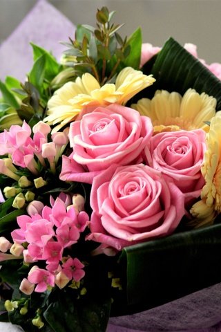 Обои цветы, розы, герберы, корзинка, композиция, flowers, roses, gerbera, basket, composition разрешение 2675x1800 Загрузить