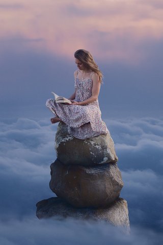 Обои облака, горы, камни, девушка, платье, книга, чтение, clouds, mountains, stones, girl, dress, book, reading разрешение 1920x1200 Загрузить