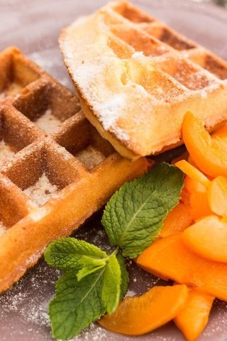 Обои мята, фрукты, дольки, выпечка, десерт, абрикосы, вафли, mint, fruit, slices, cakes, dessert, apricots, waffles разрешение 2048x1365 Загрузить