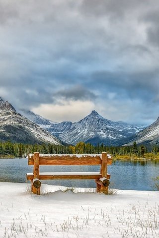 Обои небо, облака, деревья, озеро, горы, скамья, the sky, clouds, trees, lake, mountains, bench разрешение 1920x1282 Загрузить