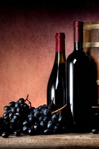 Обои виноград, вино, бутылки, бочка, алкоголь, красное, grapes, wine, bottle, barrel, alcohol, red разрешение 2800x1732 Загрузить