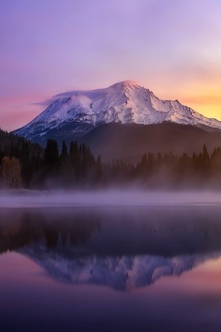 Обои озеро, утро, туман, сша, калифорния, гора шаста, lake, morning, fog, usa, ca, mount shasta разрешение 1920x1200 Загрузить