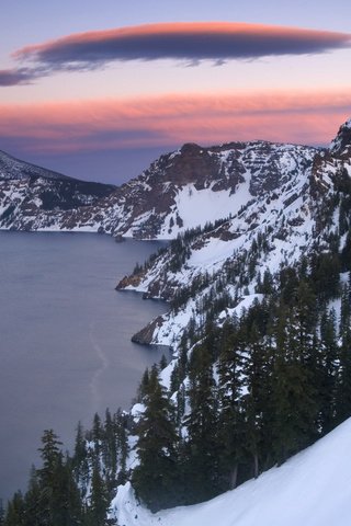 Обои небо, деревья, горы, снег, море, the sky, trees, mountains, snow, sea разрешение 1920x1080 Загрузить