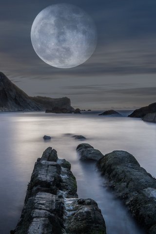 Обои вода, горы, природа, луна, залив, полнолуние, water, mountains, nature, the moon, bay, the full moon разрешение 1920x1080 Загрузить