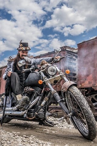 Обои мотоцикл, мужик, байк, вагоны, motorcycle, man, bike, cars разрешение 2048x1365 Загрузить